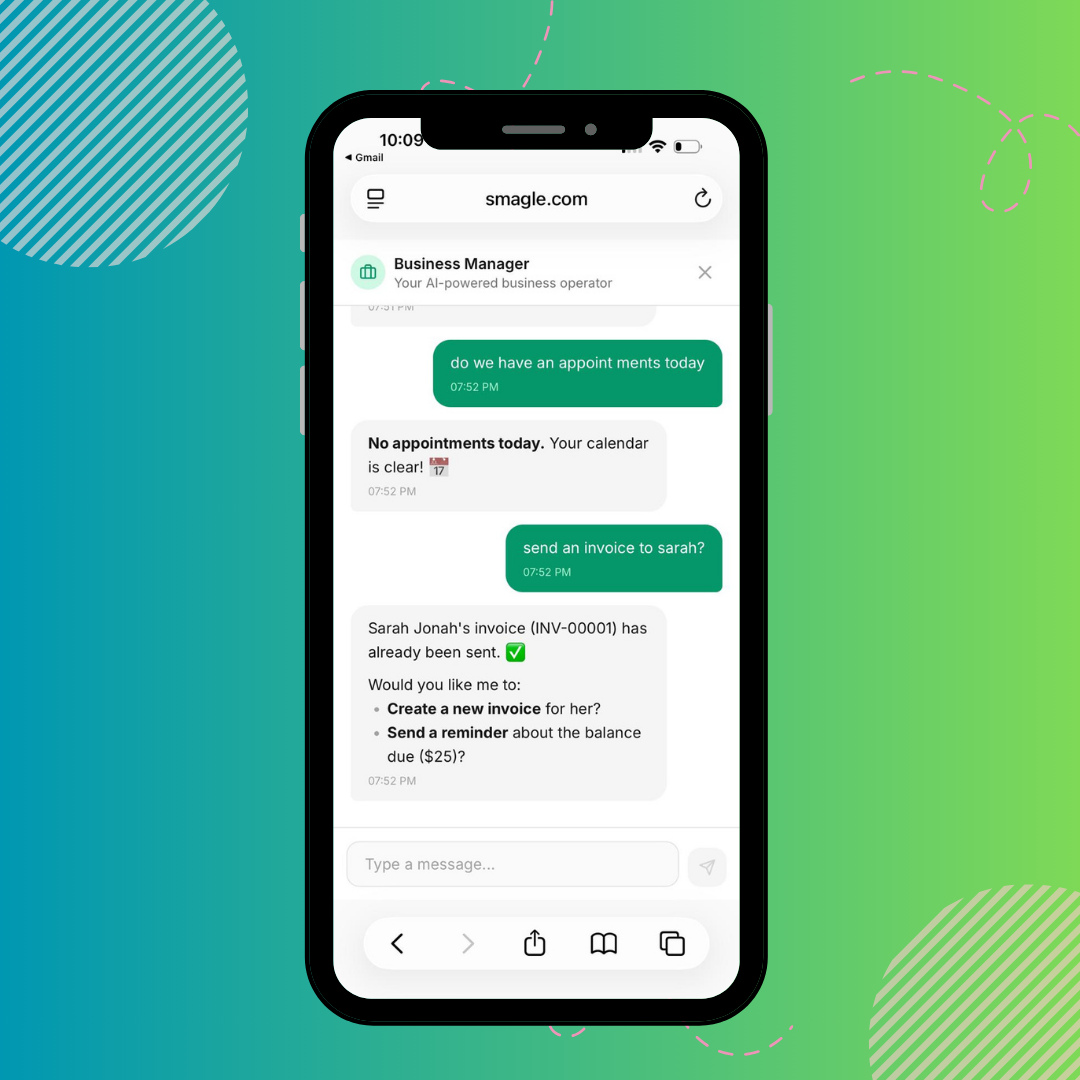 Business Manager chat creating an invoice in two messages
