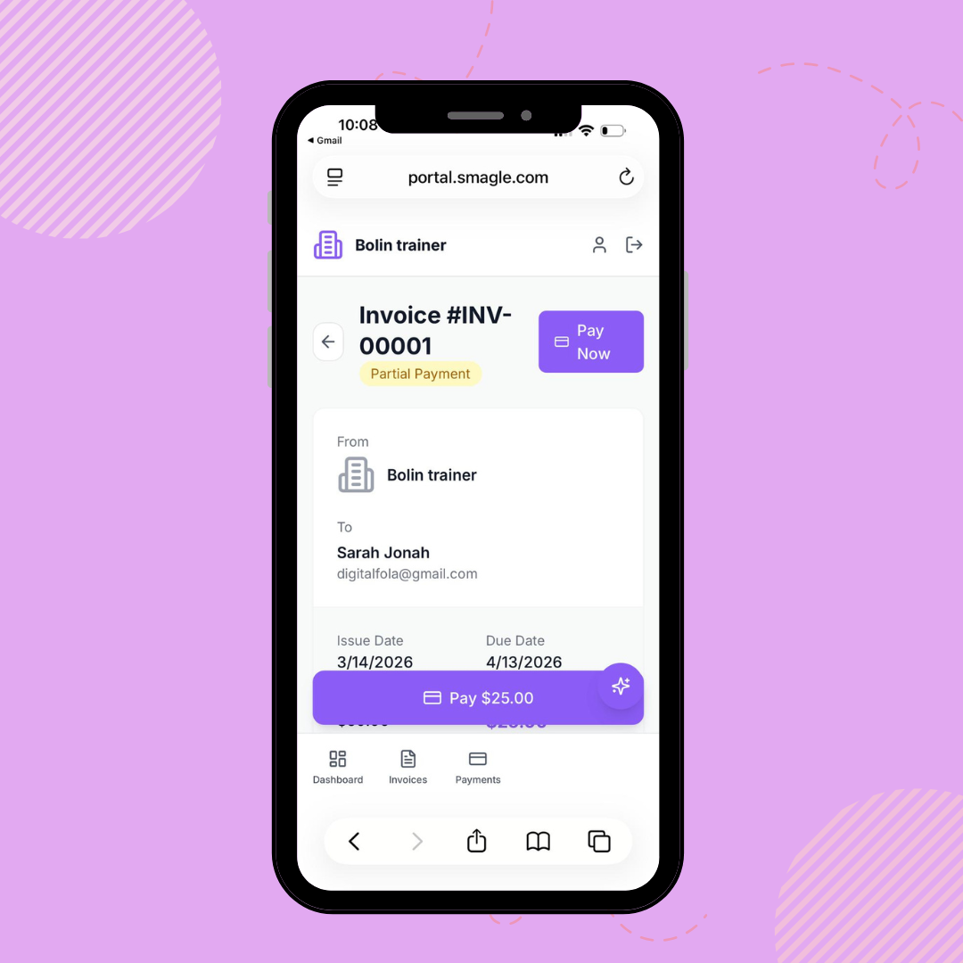 Mobile client portal showing an invoice and a Pay Now button